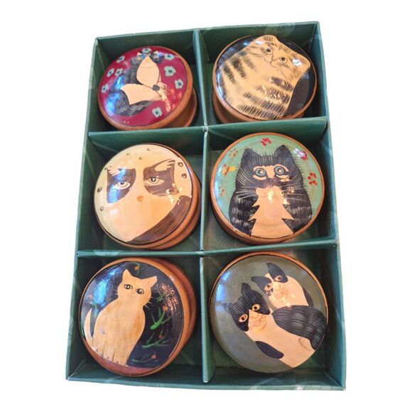 Hand Painted Wooden Cat Trinket Boxes Set of 6 Boxed Vintage Authentic Models - Picture 1 of 7